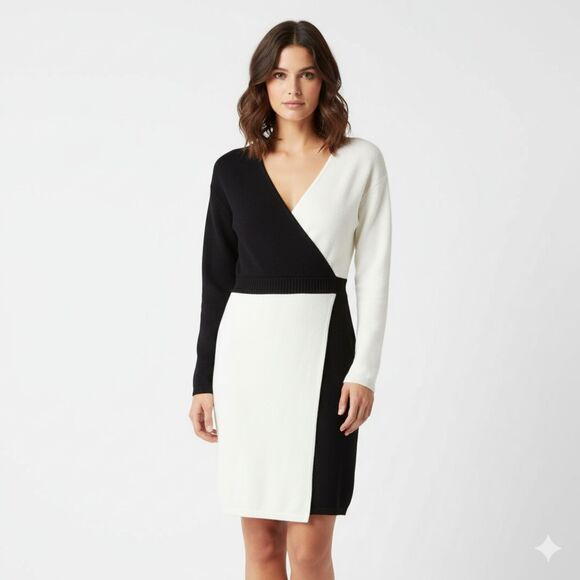 Express Colorblock Black/Ivory Bodycon Sweater Dress With 3/4 Sleeves Size Small - Picture 1 of 10